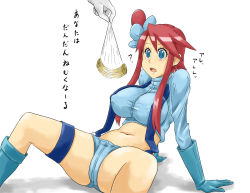 Rule 34 | 10s, 1girl, blue eyes, blue footwear, boots, breasts, creatures (company), game freak, gym leader, hair ornament, huge breasts, hypnosis, imminent rape, ka-9, large breasts, legs, long hair, mind control, navel, nintendo, pokemon, pokemon bw, red hair, simple background, skyla (pokemon), solo, solo focus, spread legs, text focus, thick thighs, thighs, translated, washer, white background