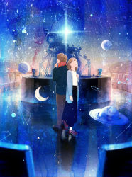 Rule 34 | 1boy, 1girl, absurdres, blazer, blue theme, brown eyes, brown hair, chair, constellation, crescent moon, hand on own chin, highres, indoors, jacket, looking up, moon, nakamura yukihiro, original, planet, planetarium, reflection, scarf, scenery, shoes, skirt, smile, sneakers, star (sky), texture