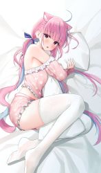 Rule 34 | 1girl, absurdres, ahoge, blue hair, blush, braid, breasts, colored inner hair, daran9, hair ribbon, highres, hololive, hugging object, long hair, looking at viewer, lying, medium breasts, minato aqua, multicolored hair, on side, open mouth, pajamas, pillow, pillow hug, pink hair, purple eyes, purple hair, ribbon, solo, streaked hair, thighhighs, twintails, two-tone hair, virtual youtuber, zettai ryouiki