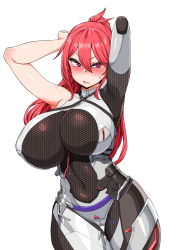 Rule 34 | 1girl, absurdres, arms up, blush, bodysuit, breasts, closed mouth, covered navel, curvy, era (erasion), frigg (tower of fantasy), highres, huge breasts, large breasts, long hair, looking at viewer, pink eyes, ponytail, red hair, skin tight, solo, sweatdrop, thick thighs, thighs, tower of fantasy, white background, wide hips