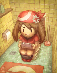 Rule 34 | 1girl, absurdres, bathroom, brown hair, commentary, creatures (company), english commentary, full body, game boy advance, game freak, handheld game console, highres, holding, holding handheld game console, indoors, long hair, may (pokemon), nintendo, playing games, pokemon, pokemon rse, ry-spirit, signature, sitting, sitting on object, solo, toilet, toilet paper, tongue, tongue out, wall