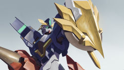 Rule 34 | commentary, english commentary, glowing, glowing eyes, gradient background, green eyes, gundam, gundam aegis knight, gundam build divers, gundam build divers re:rise, highres, holding, holding lance, holding polearm, holding shield, holding weapon, lance, looking up, mecha, myjet, no humans, polearm, robot, science fiction, shield, solo, v-fin, weapon