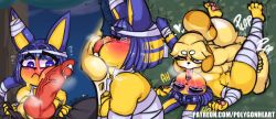 Rule 34 | 2girls, anal fingering, animal crossing, animal ears, animal penis, ankha (animal crossing), blue eyes, blue hair, breast press, breasts, cat girl, cat tail, clothes, deepthroat, eyepatch, fellatio, fingering, furry, furry female, futa with female, futanari, highres, huge breasts, huge penis, imminent fellatio, isabelle (animal crossing), knotted penis, looking at viewer, mating press, medium breasts, medium hair, multiple girls, nintendo, open clothes, open mouth, oral, penis, pointy ears, polygonheart, red eyes, tail, tongue, tongue out, veins, veiny penis