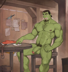 Rule 34 | 1boy, absurdres, bara, colored skin, completely nude, facial hair, feet out of frame, flaccid, flying sweatdrops, foreskin, girthy penis, goatee, green skin, highres, large pectorals, leoman (paintballx99), male focus, male pubic hair, mature male, monster boy, muscular, muscular male, navel, navel hair, neeul (dick gumshoe), nipples, nude, open mouth, orc, original, pectorals, penis, ponytail, pubic hair, short hair, solo, stomach, thick eyebrows, tusks