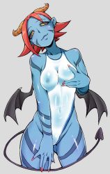 Rule 34 | 1girl, black sclera, blue lips, blue skin, breasts, colored sclera, colored skin, competition swimsuit, covered navel, demon girl, demon horns, demon tail, demon wings, covered erect nipples, gluteal fold, highres, horns, looking at viewer, nail polish, one-piece swimsuit, orange hair, original, parted lips, red nails, shiri ana hiroge tarou, small breasts, smile, solo, swimsuit, tail, wings, yellow eyes