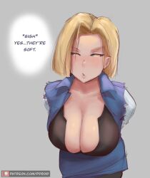 Rule 34 | 1girl, android 18, arms behind back, artist name, black shirt, blonde hair, blue eyes, breasts, cleavage, collared vest, denim, denim skirt, denim vest, dragon ball, dragonball z, english text, highres, large breasts, leaning forward, looking to the side, open clothes, open vest, paranoid.droid, patreon logo, shirt, short hair, simple background, skirt, solo, vest, watermark, web address