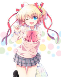 1girl ;d blonde_hair blue_eyes bow candy female_focus food kamikita_komari little_busters! lollipop one_eye_closed open_mouth pink_bow plaid_clothes plaid_skirt ribbon school_uniform short_hair skirt smile solo soranagi sweater twintails wink