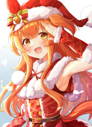 Rule 34 | 1girl, :d, absurdres, animal ears, arm up, blush, brown eyes, brown hair, commentary request, dress, fur trim, hat, highres, horse girl, horse tail, long hair, looking at viewer, mayano top gun (umamusume), open mouth, red dress, santa hat, simple background, sky cappuccino, sleeveless, sleeveless dress, smile, solo, tail, two side up, umamusume, upper body