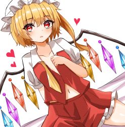 Rule 34 | 1girl, ascot, blonde hair, blush, breasts, collarbone, crystal, flandre scarlet, frilled skirt, frills, hair between eyes, hat, head tilt, heart, highres, kiui (dagk8254), looking at viewer, mob cap, navel, neck ribbon, open mouth, puffy short sleeves, puffy sleeves, red eyes, red skirt, ribbon, short hair, short sleeves, side ponytail, skirt, small breasts, solo, thighs, touhou, undone neck ribbon, undone neckwear, white hat, white sleeves, wings, yellow ascot