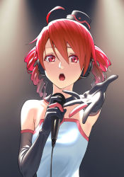 Rule 34 | 1girl, ahoge, backlighting, bare shoulders, black collar, black gloves, black hat, cable, collar, commentary, detached collar, dress, drill hair, elbow gloves, gloves, hat, headphones, holding, holding microphone, kasane teto, microphone, mini hat, music, open mouth, reaching, reaching towards viewer, red eyes, red hair, singing, solo, spotlight, strapless, twin drills, upper body, utau, white dress, yasutange