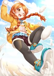Rule 34 | 1girl, ;d, ahoge, arm up, black pantyhose, blue footwear, blue sky, blush, braid, brown shorts, cloud, cloudy sky, commentary request, drawstring, fur-trimmed shorts, fur trim, highres, holding, hood, hood down, hoodie, idolmaster, idolmaster million live!, idolmaster million live! theater days, jacket, pantyhose under shorts, long hair, long sleeves, low twintails, ogami tamaki, one eye closed, open clothes, open jacket, open mouth, orange eyes, orange hair, outdoors, pantyhose, plaid, plaid shorts, puffy long sleeves, puffy sleeves, regular mow, shoe soles, shoes, short shorts, shorts, signature, sky, sleeves past wrists, smile, snowball, solo, swept bangs, twin braids, twintails, twitter username, very long hair, white hoodie, yellow jacket