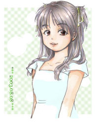 Rule 34 | 1girl, :d, brown eyes, checkered background, grey hair, hair ribbon, hello! project, konno asami, long hair, looking at viewer, lowres, morning musume, open mouth, parted bangs, ribbon, sakana yutaka, short twintails, sidelocks, smile, solo, twintails, uotoyo, upper body