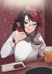 Rule 34 | 1girl, nanashi inc., alcohol, alternate costume, alternate hairstyle, beer, black-framed eyewear, black hair, blue eyes, blush, bowl, breasts, chopsticks, commentary request, demon girl, demon horns, dipping, ear piercing, eating, food, glass, glasses, high ponytail, highres, holding, holding bowl, holding chopsticks, horns, large breasts, long hair, long sleeves, looking at viewer, meat, multicolored hair, nail polish, open mouth, piercing, pointy ears, ponytail, purple nails, red hair, round eyewear, ryugasaki rene, shirt, smile, solo, sugar lyric, table, two-tone hair, upper body, virtual youtuber, watch, white shirt, wristwatch, zono (inokura syuzo029)
