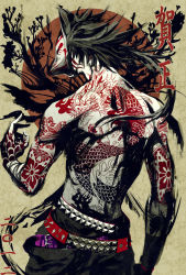 Rule 34 | 1boy, 2021, arm at side, arm wrap, bad id, bad pixiv id, belt, black hair, copyright request, covered face, cowboy shot, dragon, eastern dragon, fox mask, from behind, full-body tattoo, ink, long hair, male focus, mask, multiple belts, non-web source, red sun, short hair with long locks, solo, studded belt, tattoo, topless male, yellow background, ysk (yusuke)