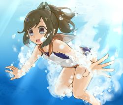 Rule 34 | 10s, 1girl, air bubble, bad id, bad pixiv id, bare shoulders, barefoot, blush, breath, brown eyes, brown hair, bubble, freediving, holding breath, i-401 (kancolle), kantai collection, one-piece swimsuit, open mouth, pinatti, ponytail, sailor collar, school swimsuit, school uniform, short hair, short ponytail, solo, swimming, swimsuit, tan, underwater