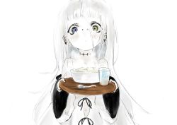 Rule 34 | 1girl, bare shoulders, black nails, black sleeves, blue eyes, bowl, closed mouth, clothing cutout, collarbone, colored skin, commentary request, cup, detached sleeves, dress, drinking glass, ear piercing, fingernails, food, green eyes, hair between eyes, heterochromia, highres, holding, holding tray, ice, ice cube, long hair, long sleeves, looking at viewer, luv, nail polish, navel, navel cutout, original, piercing, sleeveless, sleeveless dress, sleeves past wrists, solo, spoon, steam, stitches, tray, upper body, very long hair, water, white hair, white skin, wide sleeves