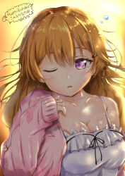Rule 34 | 1girl, backlighting, bare shoulders, blush, breasts, camisole, cleavage, collarbone, commentary request, hand up, happy birthday, highres, jacket, konoe kanata, large breasts, light blush, long hair, long sleeves, looking at viewer, love live!, love live! nijigasaki high school idol club, love live! school idol festival all stars, off shoulder, okahara (sgvz3735), one eye closed, open mouth, orange hair, parted lips, pink jacket, purple eyes, sepia background, sleeves past wrists, solo, upper body, white camisole