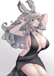 Rule 34 | 1girl, animal ears, arms up, warrior of light (ff14), bare arms, bare shoulders, black dress, blush, breasts, closed mouth, commission, dress, facial mark, final fantasy, final fantasy xiv, gradient background, grey background, grey eyes, grey hair, hair tie, hair tie in mouth, halter dress, halterneck, heart, large breasts, long hair, looking at viewer, mouth hold, neko-san (dim.dream), solo, twitter username, tying hair, very long hair, viera, watermark, white background