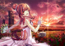 Rule 34 | 1girl, bad id, bad pixiv id, bare shoulders, bouquet, building, chair, character request, cloud, dress, evening, fence, field, flower, hair flower, hair ornament, hair up, holding, jewelry, lipstick, long hair, looking at viewer, looking back, makeup, open mouth, orange eyes, red hair, red lips, ring, rose, sky, solo, sunset, table, twilight, yuki (rose snow)