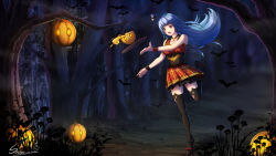 Rule 34 | 1girl, absurdres, bad id, bad pixiv id, bat (animal), black footwear, black thighhighs, blue hair, bracelet, cross, cross necklace, dress, forest, halloween, highres, jack-o&#039;-lantern, jewelry, lantern, light, long hair, name tag, nature, necklace, night, open mouth, outdoors, outstretched arm, pumpkin, quincy (warship girls r), red eyes, running, shoes, sleeveless, sleeveless dress, snow (12065805), snow (676528662), solo, thighhighs, warship girls r, zettai ryouiki