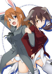 Rule 34 | 2girls, animal ears, blue eyes, breasts, brown eyes, brown hair, charlotte e. yeager, cosplay, costume switch, dog ears, gertrud barkhorn, kuronyan, large breasts, locked arms, military, military uniform, multiple girls, one eye closed, panties, rabbit ears, rabbit girl, red hair, strike witches, striker unit, underwear, uniform, wink, world witches series
