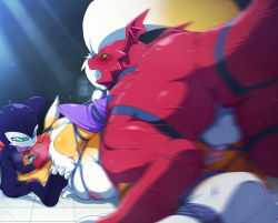 Rule 34 | 1girl, 2boys, 68, arms behind back, bdsm, bondage, bound, bound ankles, bound wrists, breasts, digimon, digimon (creature), doggystyle, fellatio, forced, furry, group sex, guilmon, impmon, irrumatio, motion blur, multiple boys, nipples, oral, penis, rape, renamon, restrained, sex, sex from behind, tail, tail raised, vaginal