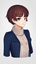 Rule 34 | 1girl, absurdres, artist name, artist request, blue jacket, blush, braid, breasts, breath, brown hair, brown sweater, buttons, closed mouth, collared jacket, cropped arms, cropped torso, crown braid, female focus, grey background, grey sweater, highres, horikkita, jacket, long sleeves, looking at viewer, medium breasts, niijima makoto, open clothes, open jacket, parted lips, persona, persona 5, persona 5 the royal, red eyes, red lips, ribbed sweater, short hair, simple background, sketch, smile, solo, sweater, turtleneck, turtleneck sweater, unbuttoned, upper body