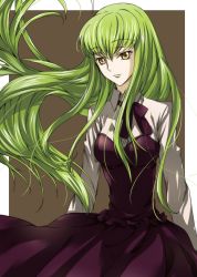 Rule 34 | 1girl, bad id, bad pixiv id, black dress, black ribbon, c.c., code geass, dress, dress shirt, eyebrows, green hair, kokuchi, long hair, ribbon, shirt, solo, strapless, white shirt, yellow eyes