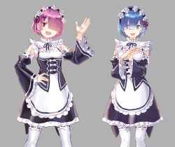 Rule 34 | 10s, 2girls, :d, blue eyes, blue hair, detached sleeves, female focus, flower, frills, grey background, hair ornament, hair over one eye, hair ribbon, hand on own hip, hand up, hands on own chest, highres, looking at viewer, maid, maid headdress, multiple girls, open mouth, pink hair, pink ribbon, plant, ram (re:zero), re:zero kara hajimeru isekai seikatsu, red eyes, rem (re:zero), ribbon, ruisento, short hair, siblings, simple background, sisters, smile, twins, white legwear, x hair ornament