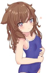 Rule 34 | 1girl, absurdres, aoi tori, blush, breasts, brown eyes, brown hair, child, closed mouth, competition swimsuit, covered navel, cropped torso, hair between eyes, hair flaps, half-closed eyes, hands on own stomach, highres, jitome, looking at viewer, medium hair, messy hair, one-piece swimsuit, original, pout, school swimsuit, sidelocks, small breasts, solo, sparkling eyes, squiggle, swimsuit, white background