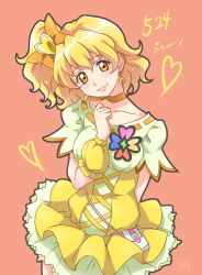 Rule 34 | 1girl, arm behind back, blonde hair, bow, character name, chocokin, choker, closed mouth, cowboy shot, cure pine, earrings, fresh precure!, hair bow, hair ornament, head tilt, heart, heart earrings, heart hair ornament, jewelry, looking at viewer, magical girl, orange bow, orange choker, orange eyes, pink background, precure, short hair, side ponytail, skirt, smile, solo, wrist cuffs, yamabuki inori, yellow skirt