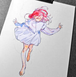 Rule 34 | 1girl, barefoot, closed eyes, hvax8j6l, legs, medium hair, original, outstretched arms, photo (medium), red hair, solo, traditional media, walking