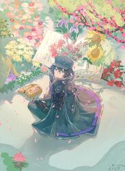 Rule 34 | 1boy, absurdres, armor, artist name, black coat, black gloves, black hair, black hat, black pants, book, box, cherry blossoms, chrysanthemum, closed mouth, coat, commentary, crossed bangs, falling petals, feathers, flower, gloves, grass, green eyes, hair between eyes, hat, highres, iris (flower), japanese armor, japanese quince, lily (flower), lily pad, long sleeves, looking at viewer, looking up, male focus, military hat, open book, osmanthus, oversized object, pants, peony (flower), petals, pink flower, plum blossoms, pouch, purple flower, quince flower, rapeseed blossoms, red flower, short hair, shoulder armor, signature, sitting, smile, sode, solo, spider lily, suishinshi masahide (touken ranbu), sunflower, table4581, touken ranbu, twitter username, water lily flower, yellow flower, yellow spider lily