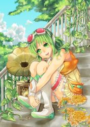 Rule 34 | 1girl, amatsuki colors, breasts, female focus, full body, goggles, green eyes, green hair, gumi, highres, matching hair/eyes, nature, outdoors, phonograph, short hair, sitting, skirt, sky, smile, solo, vocaloid
