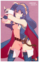 Rule 34 | 1girl, adjusting clothes, adjusting gloves, artist name, blue eyes, blue gloves, blue hair, boots, breasts, cape, cleft of venus, eyes visible through hair, fingerless gloves, fire emblem, fire emblem awakening, gloves, gluteal fold, long hair, looking at viewer, lucina (fire emblem), medium breasts, navel, nintendo, nipples, no panties, no pants, phinci, pink background, pussy juice, pussy juice trail, revealing clothes, sleeveless, smile, solo, stomach, thigh boots, thighhighs, tiara, uncensored