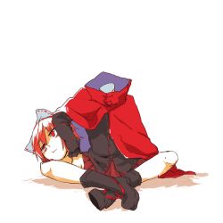 Rule 34 | 1girl, arm on own head, black footwear, black shirt, blue bow, boots, bow, cape, commentary request, disembodied head, full body, hair bow, high collar, long sleeves, pleated skirt, red cape, red eyes, red hair, red skirt, ryura (negi-mamire), sekibanki, shirt, short hair, simple background, sitting, skirt, solo, touhou, white background