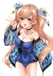 Rule 34 | 1girl, absurdres, blue jacket, breasts, brown eyes, brown hair, cowboy shot, highres, jacket, jewelry, johnston (kancolle), kantai collection, light brown hair, long hair, looking at viewer, medium breasts, nao suke, necklace, off shoulder, official alternate costume, open mouth, see-through, see-through sleeves, solo, two side up, united states medal of honor, v