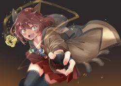 Rule 34 | 1girl, amane rosylily, angry, animal ears, black thighhighs, brown coat, brown hair, cat, clenched hand, coat, fingerless gloves, fox ears, fox girl, gloves, highres, hood, hood down, hooded coat, incoming attack, incoming punch, open clothes, open coat, orange eyes, original, pleated skirt, punching, red skirt, sekira ame, short hair, skirt, thighhighs, v-shaped eyebrows, zettai ryouiki