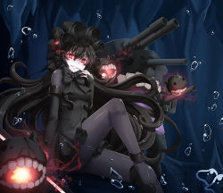 Rule 34 | 10s, 1girl, abyssal ship, black bow, black dress, black footwear, black hair, black pantyhose, bonnet, bow, colored skin, dress, glowing, glowing eyes, gothic lolita, grin, high heels, highres, horns, isolated island oni, kantai collection, lolita fashion, long hair, looking at viewer, pantyhose, red eyes, shoes, sitting, smile, solo, sora (dkssud6580), turret, white skin