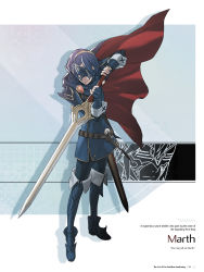 Rule 34 | 1girl, absurdres, belt, blue hair, boots, cape, character name, closed mouth, falchion (fire emblem), fighting stance, fingerless gloves, fire emblem, fire emblem awakening, full body, gloves, highres, holding, holding sword, holding weapon, jewelry, kozaki yuusuke, long sleeves, lucina (fire emblem), marth (fire emblem awakening), mask, nintendo, official art, page number, reverse trap, sheath, short hair, simple background, solo, standing, sword, thigh boots, thighhighs, tiara, weapon