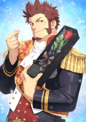 Rule 34 | 1boy, artist request, ascot, belt, blue eyes, brown hair, come hither, epaulettes, facial hair, fate/grand order, fate (series), finger heart, flower, fringe trim, goatee, highres, holding, holding flower, jacket, leather, leather jacket, long sideburns, long sleeves, looking at viewer, male focus, mature male, medal, napoleon bonaparte (fate), rose, sash, seductive smile, shirozo (shi69ma), short hair, sideburns, smile, solo, spiked hair, thick eyebrows, upper body