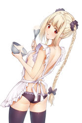 Rule 34 | 1girl, apron, artist request, ass, blonde hair, blush, bow, bowl, braid, breasts, character request, cowboy shot, darwin&#039;s game, food, food on face, hair bow, highres, holding, holding bowl, holding whisk, long hair, looking at viewer, nearly naked apron, panties, purple bow, purple panties, purple thighhighs, red eyes, shuka (darwin&#039;s game), simple background, solo, thighhighs, twin braids, underwear, very long hair, whisk, white background