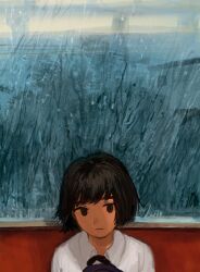 Rule 34 | 1girl, :|, backpack, bag, black bag, black hair, brown eyes, closed mouth, collared shirt, condensation, couch, expressionless, highres, holding, holding bag, indoors, jitome, looking to the side, minahamu, no sclera, original, out of frame, portrait, rain, shirt, short hair, sitting, solo, swept bangs, water drop, white shirt, window, window fog