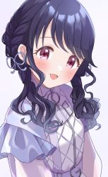 Rule 34 | 1girl, belt, black hair, blush, braid, commentary request, fang, fukumaru koito, hair ribbon, highres, idolmaster, idolmaster shiny colors, kahiika, long hair, looking at viewer, low twintails, purple eyes, ribbon, see-through, see-through sleeves, skin fang, solo, twintails, upper body
