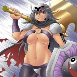 Rule 34 | 1girl, armor, axe, breasts, cape, death-adder, gender request, genderswap, golden axe, grey hair, grin, helmet, kara age, large breasts, long hair, m.u.g.e.n, midnight bliss, nail polish, navel, red eyes, shield, smile, torn clothes, weapon
