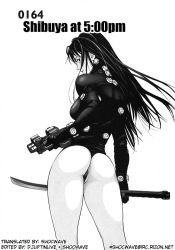 Rule 34 | 00s, ass, black hair, breasts, english text, gantz, greyscale, gun, hard-translated, highres, large breasts, long hair, monochrome, oku hiroya, panties, shimohira reika, simple background, solo, sword, third-party edit, thong, underwear, weapon, white background