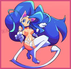 Rule 34 | 1girl, absurdres, animal ears, animal hands, artist name, bacun, bare shoulders, big hair, blue eyes, blue hair, body fur, border, breasts, cat ears, cat girl, cat paws, cat tail, claws, closed mouth, fang, fang out, felicia (vampire), full body, hands up, highres, long hair, looking at viewer, nipples, panties, pink background, pink border, simple background, smile, solo, tail, underwear, vampire (game), white fur, white panties