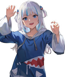 Rule 34 | 1girl, :d, blue eyes, blue hair, blue hoodie, blunt bangs, blush, claw pose, collarbone, commentary request, fins, fish tail, gawr gura, gawr gura (1st costume), hair ornament, hololive, hololive english, hood, hood down, hoodie, long sleeves, looking at viewer, medium hair, multicolored hair, open mouth, shark hair ornament, shark tail, sharp teeth, simple background, sl86, smile, solo, streaked hair, tail, teeth, upper body, virtual youtuber, white background