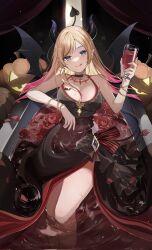 Rule 34 | 1girl, bare shoulders, bat tattoo, bathtub, black choker, black dress, black horns, blonde hair, blush, breast tattoo, breasts, choker, cleavage, cup, demon girl, demon horns, demon tail, demon wings, dress, drinking glass, highres, holding, holding cup, hololive, horn ornament, horn ring, horns, large breasts, long hair, looking at viewer, multicolored hair, partially submerged, pink hair, pointy ears, pumpkin, shunka tunacan, smile, solo, tail, tattoo, tongue, tongue out, two-tone hair, virtual youtuber, wine glass, wings, yuzuki choco