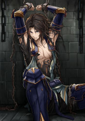 Rule 34 | 10s, 1boy, armor, arms up, black hair, blue armor, blue eyes, bruise, chain, chained, granblue fantasy, highres, injury, lancelot (granblue fantasy), looking at viewer, male focus, parted lips, signature, sitting, solo, tenyo0819, torn clothes